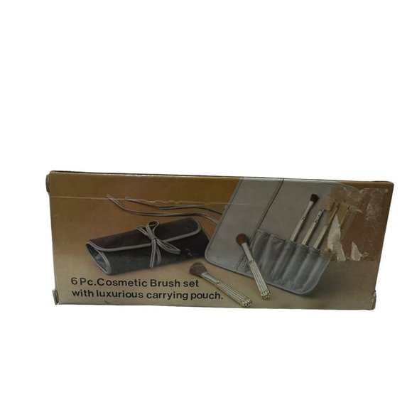 Vintage Silver-plated Handled Cosmetic Brush Set  W/Carrying Pouch New in Box - Picture 2 of 4